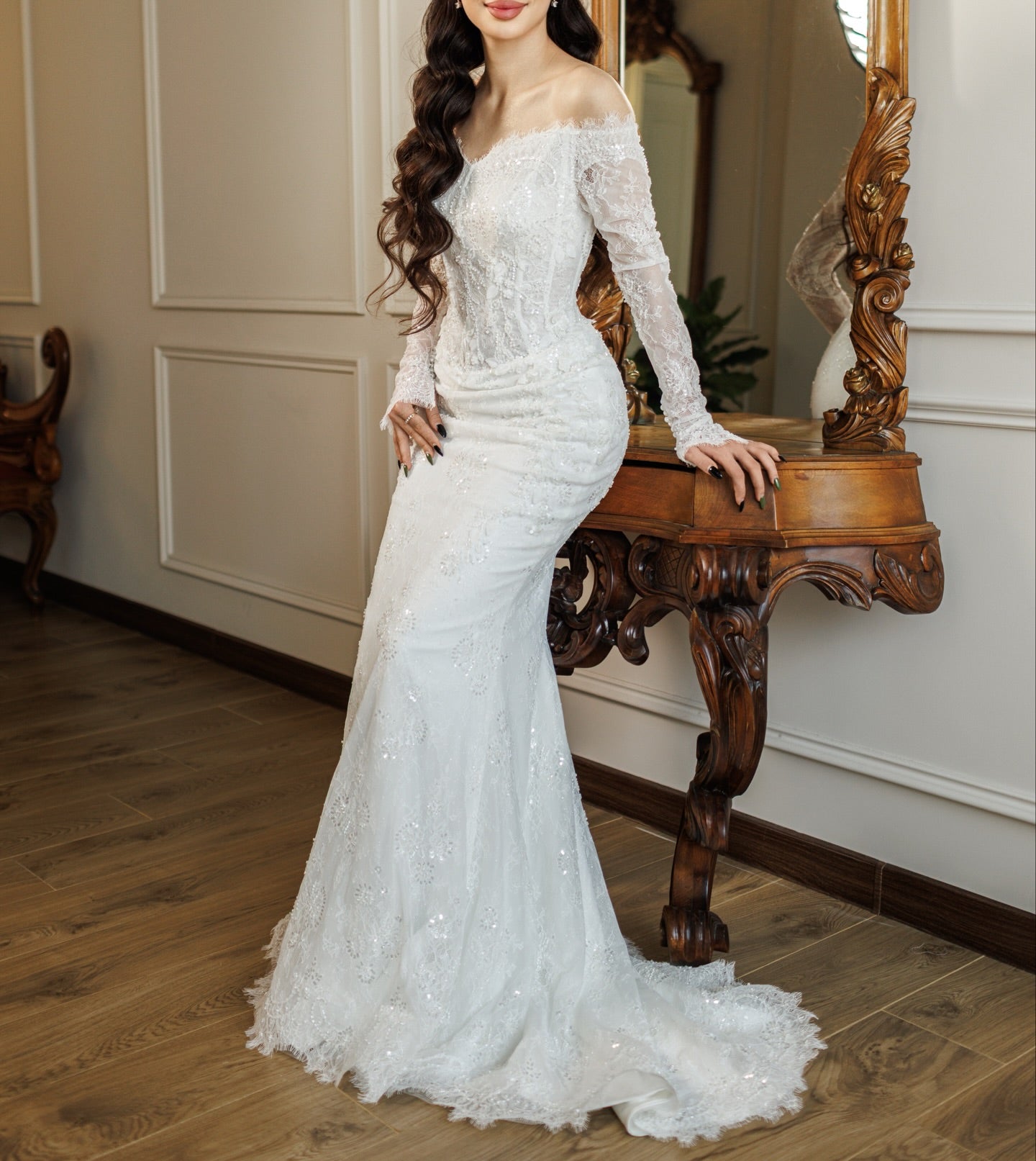 Off the Shoulder Lace Long Sleeve Mermaid Sparkle Wedding Dress