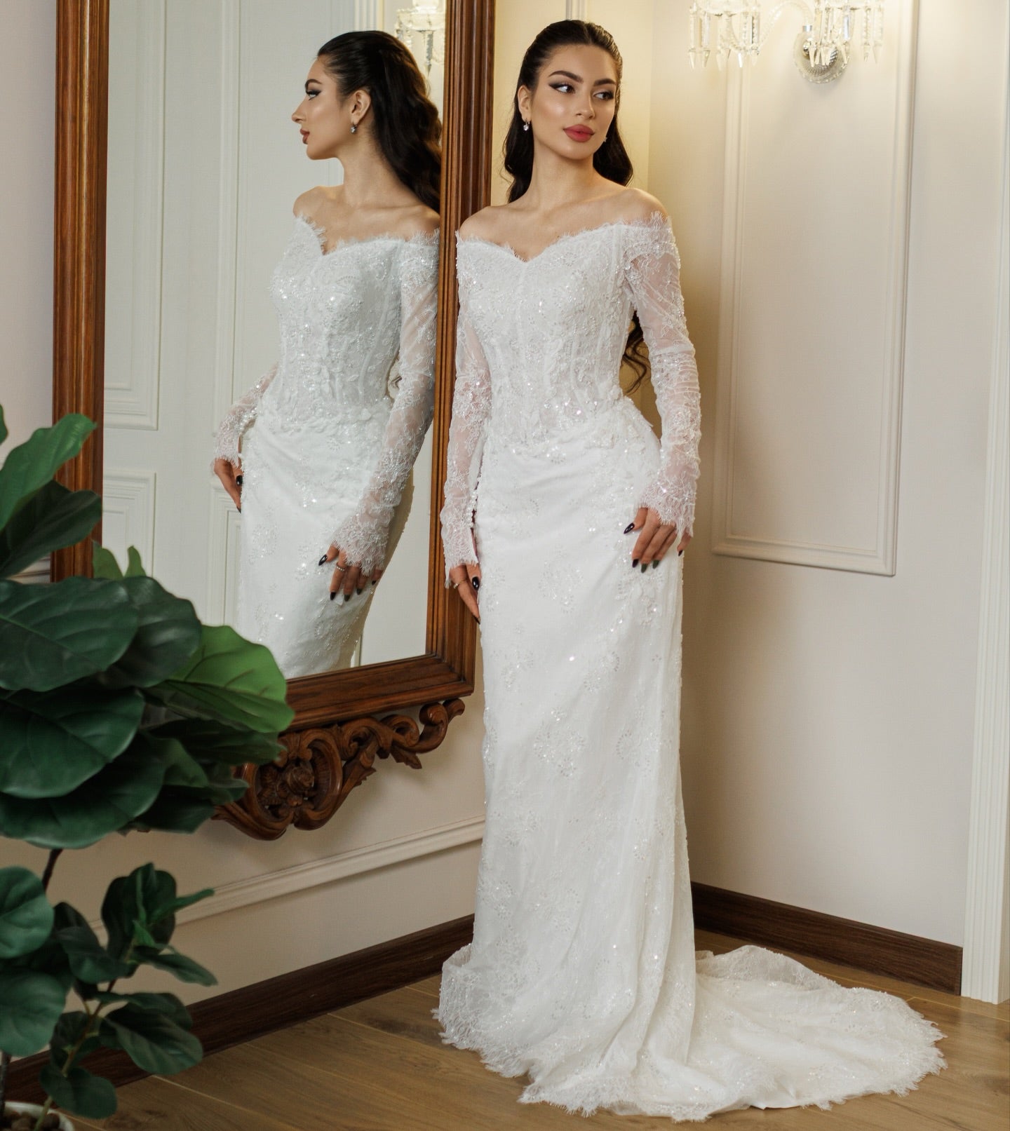 Off the Shoulder Lace Long Sleeve Mermaid Sparkle Wedding Dress