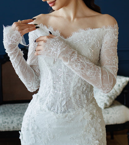 Off the Shoulder Lace Long Sleeve Mermaid Sparkle Wedding Dress