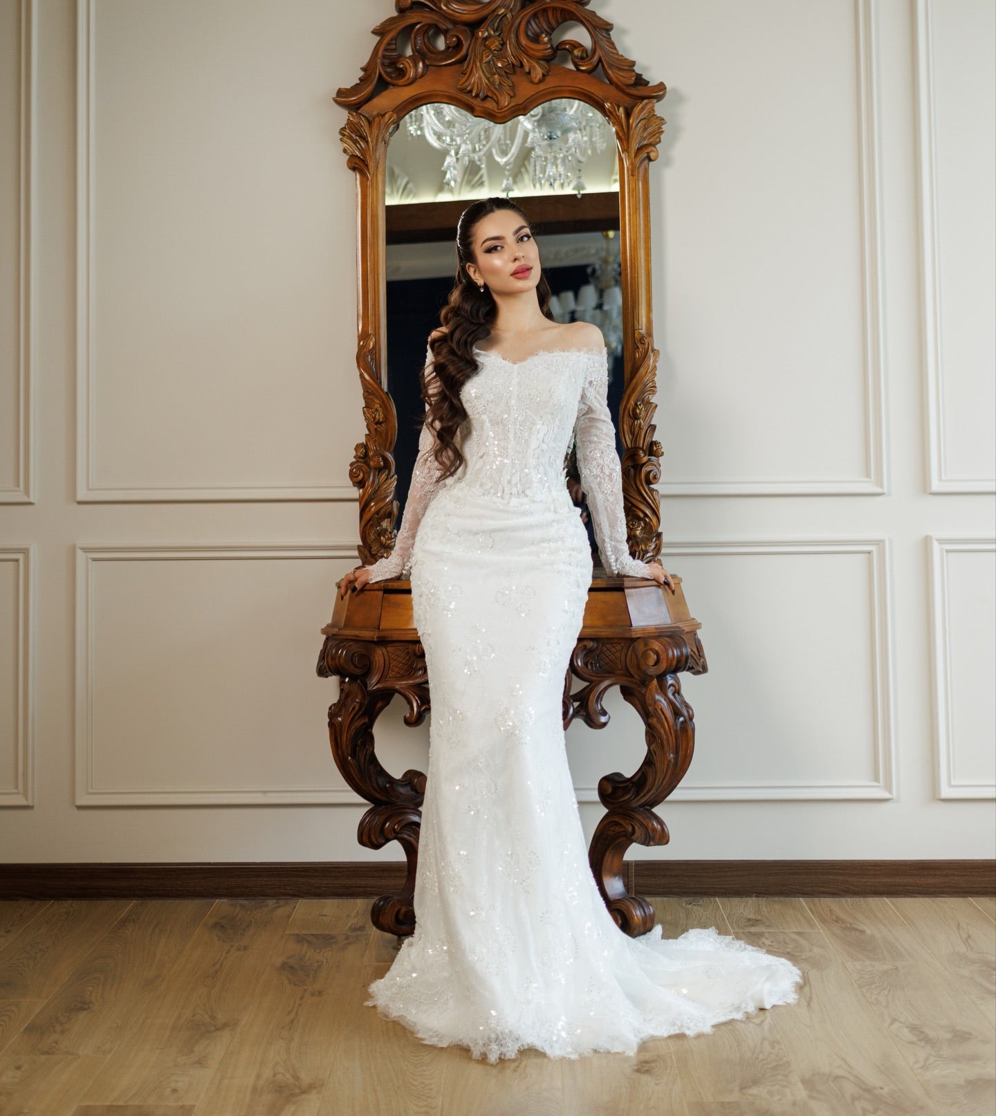 Off the Shoulder Lace Long Sleeve Mermaid Sparkle Wedding Dress