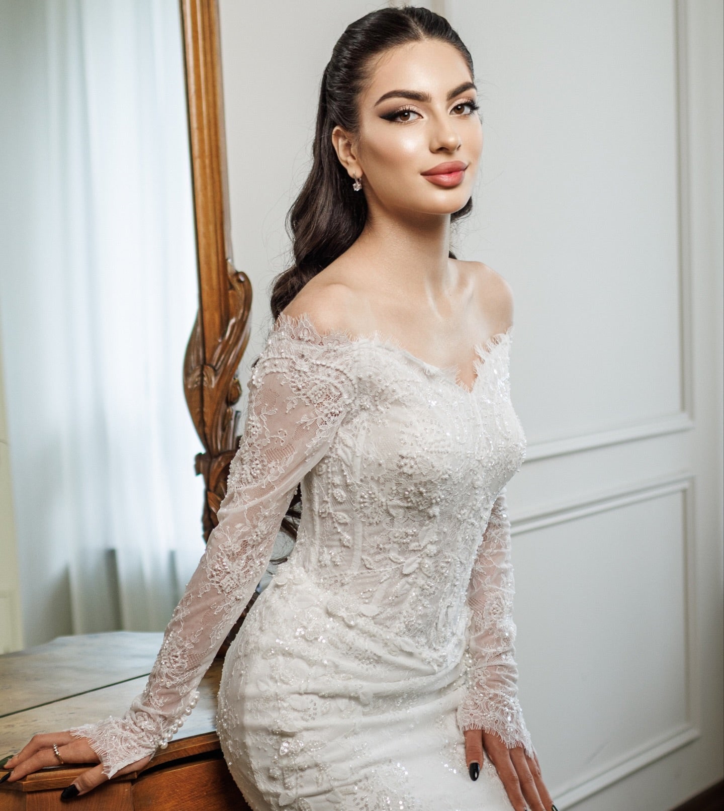 Off the Shoulder Lace Long Sleeve Mermaid Sparkle Wedding Dress