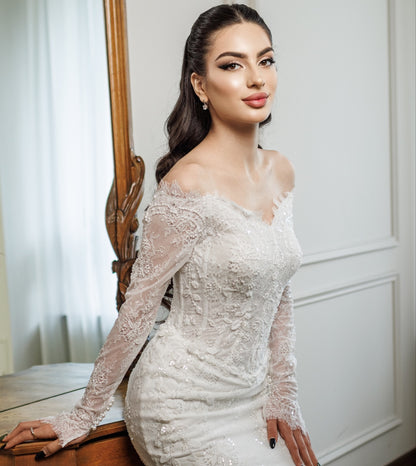 Off the Shoulder Lace Long Sleeve Mermaid Sparkle Wedding Dress
