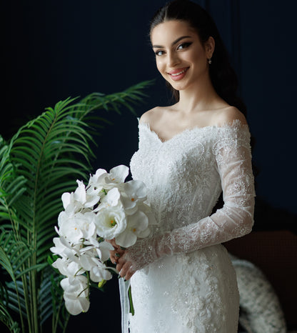 Off the Shoulder Lace Long Sleeve Mermaid Sparkle Wedding Dress