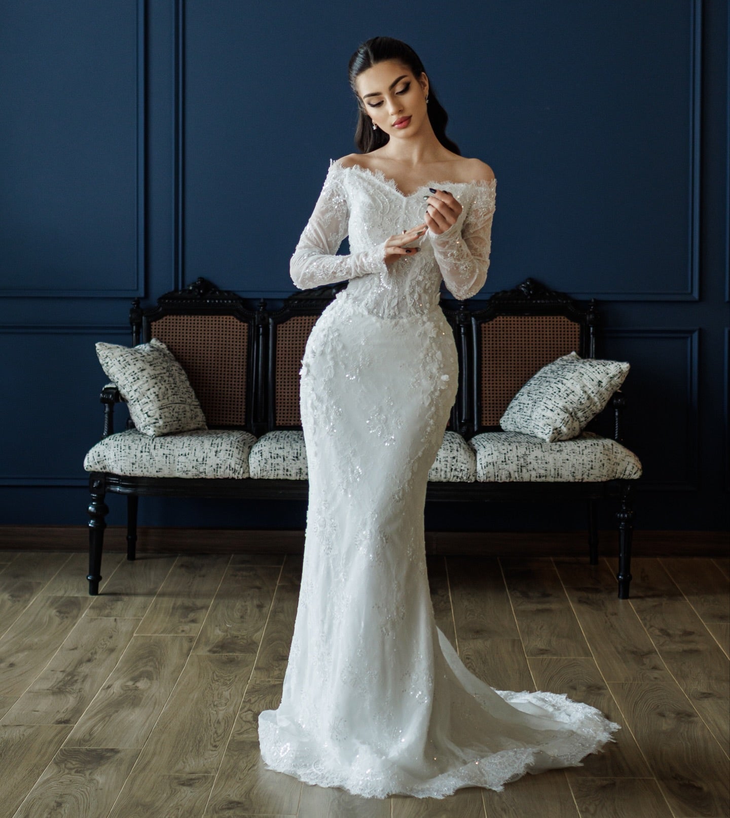 Off the Shoulder Lace Long Sleeve Mermaid Sparkle Wedding Dress