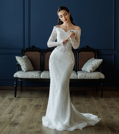 Off the Shoulder Lace Long Sleeve Mermaid Sparkle Wedding Dress