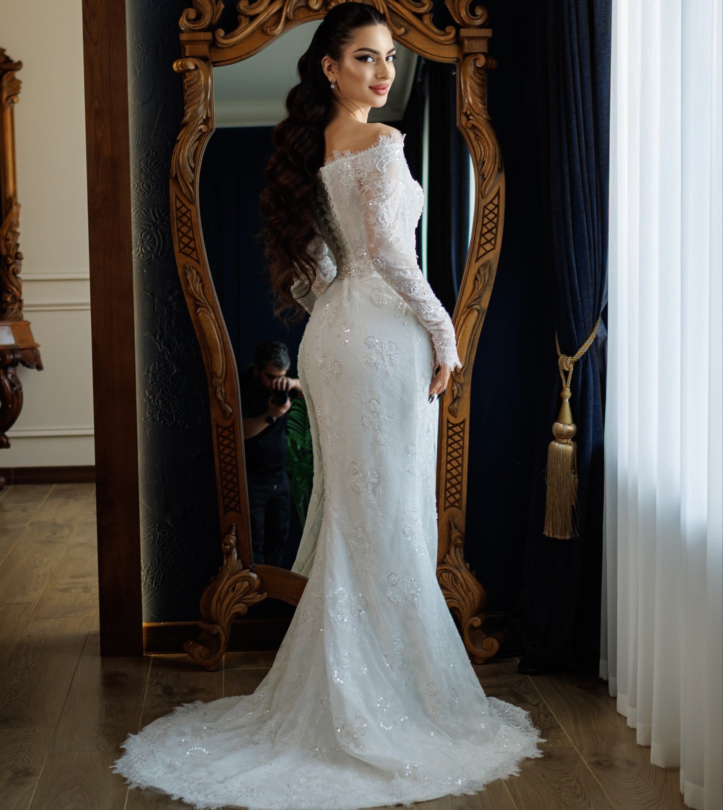 Off the Shoulder Lace Long Sleeve Mermaid Sparkle Wedding Dress