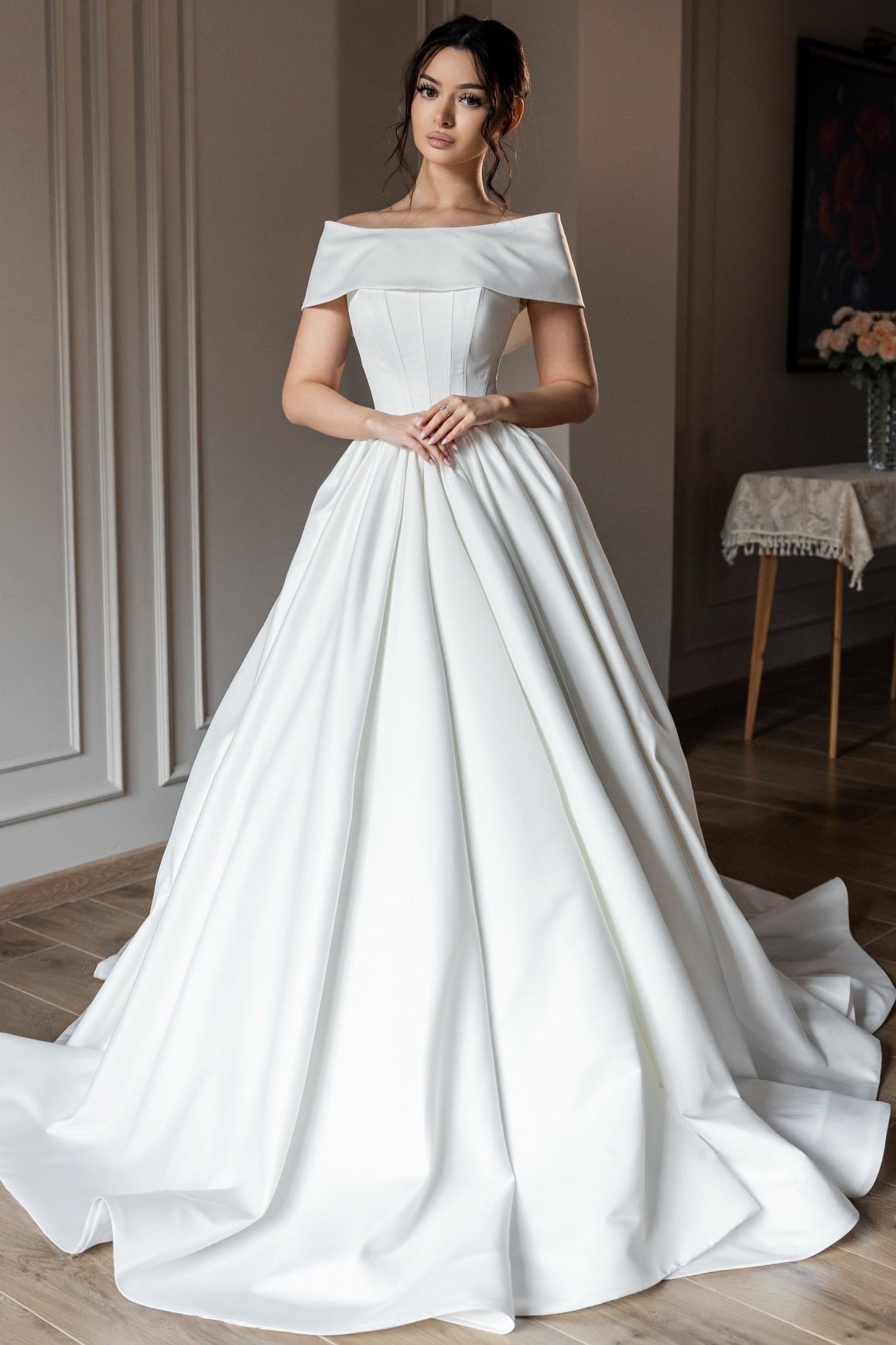 Off the Shoulder Sleeveless A-Line Floor-Length Wedding Dress