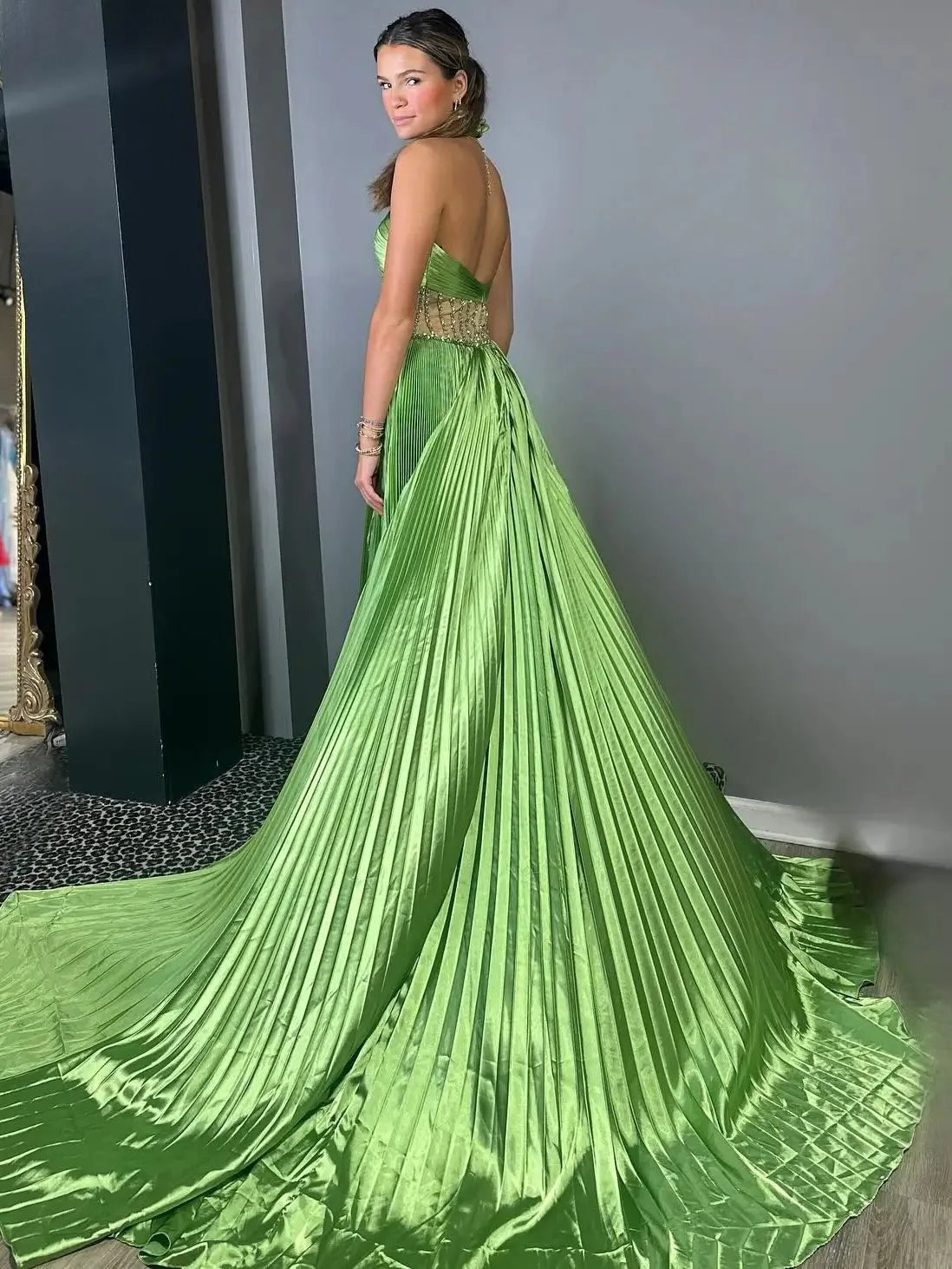 Green Pleated Satin Prom Dress with Slit Halter Neck Beaded Sheer