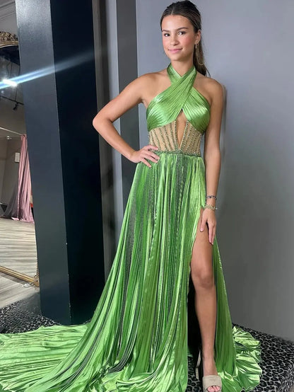 Green Pleated Satin Prom Dress with Slit Halter Neck Beaded Sheer