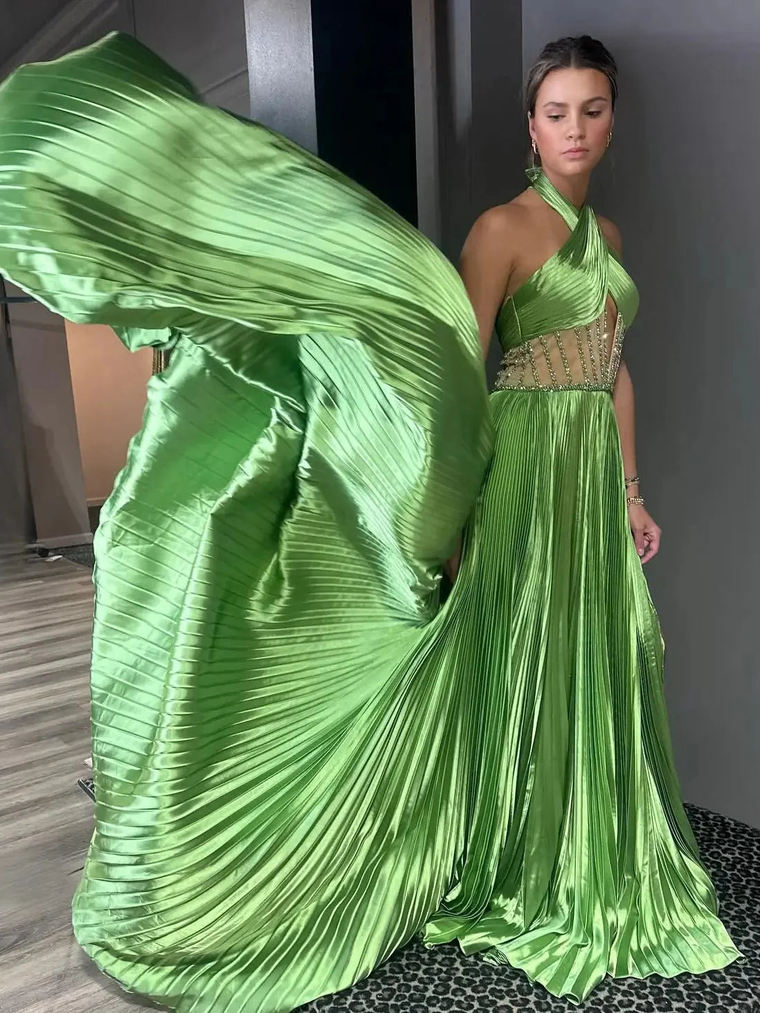Green Pleated Satin Prom Dress with Slit Halter Neck Beaded Sheer