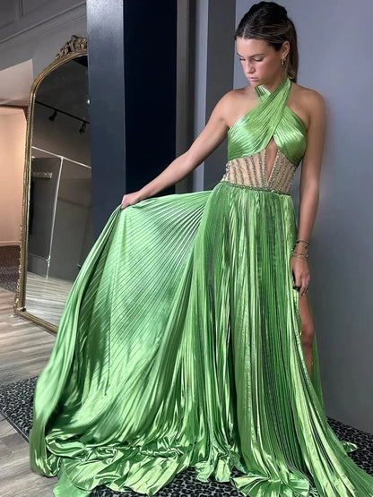 Green Pleated Satin Prom Dress with Slit Halter Neck Beaded Sheer