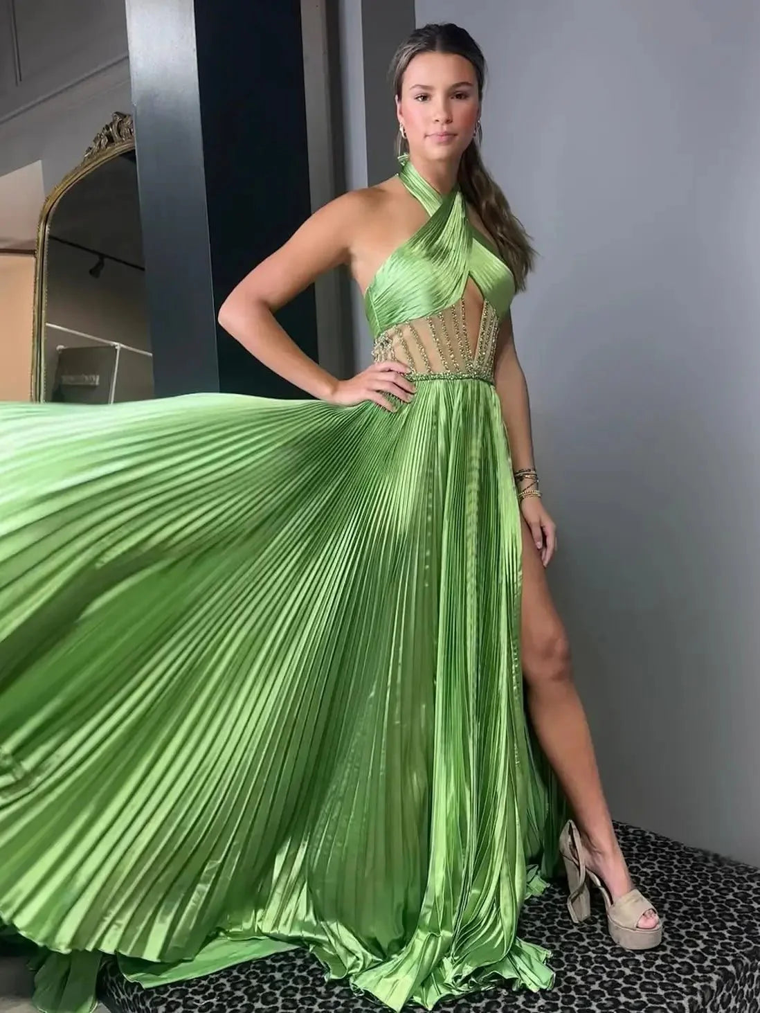 Green Pleated Satin Prom Dress with Slit Halter Neck Beaded Sheer
