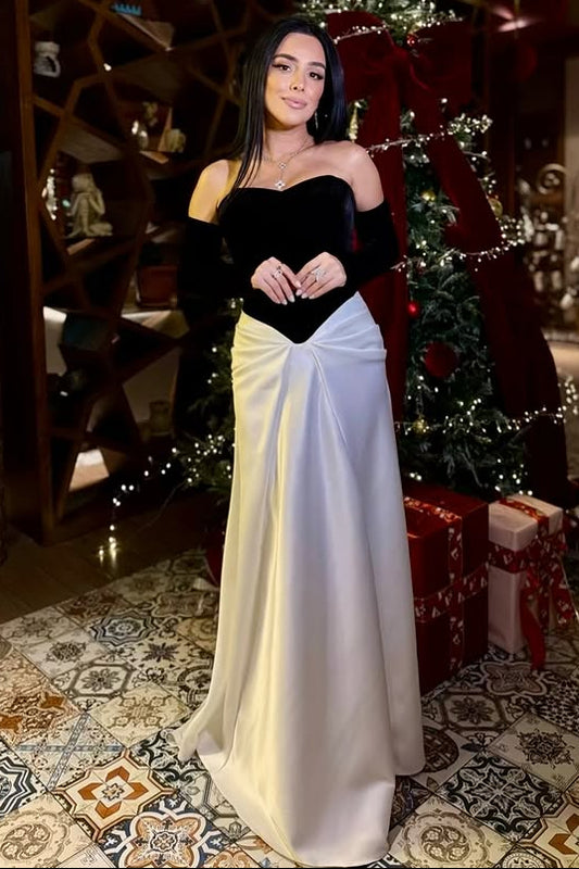 Black White Off the Shoulder Long Sleeve Mermaid Evening Dress Formal