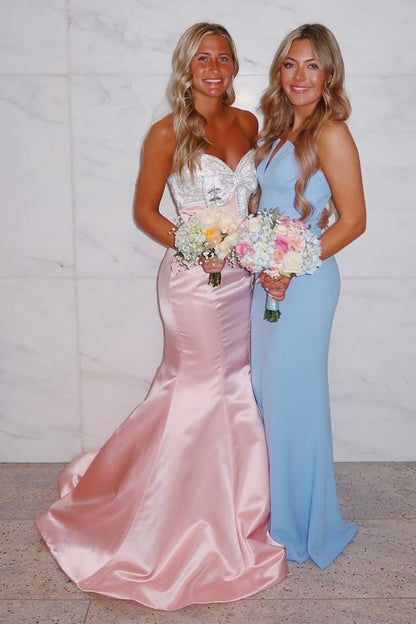 Pink - Mermaid Satin Strapless Long Prom Dresses with Beaded Bow