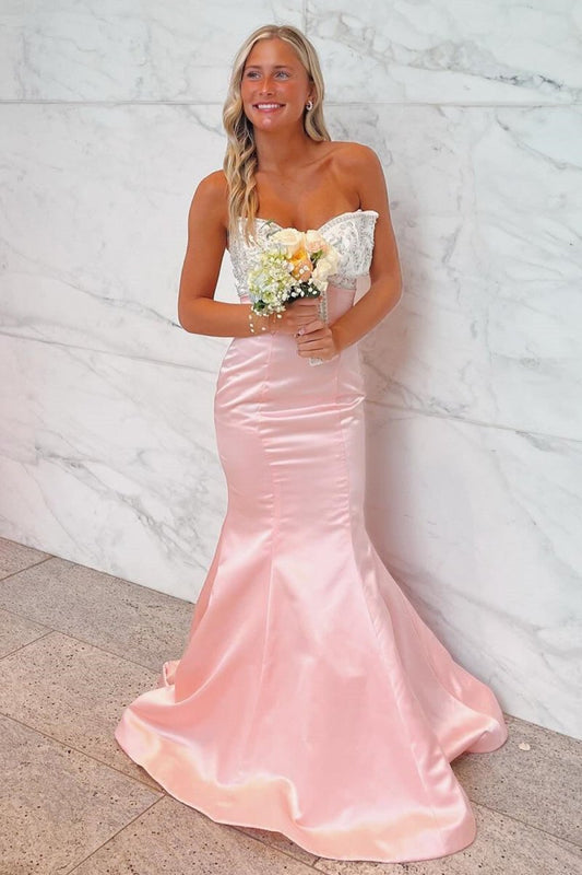 Pink - Mermaid Satin Strapless Long Prom Dresses with Beaded Bow