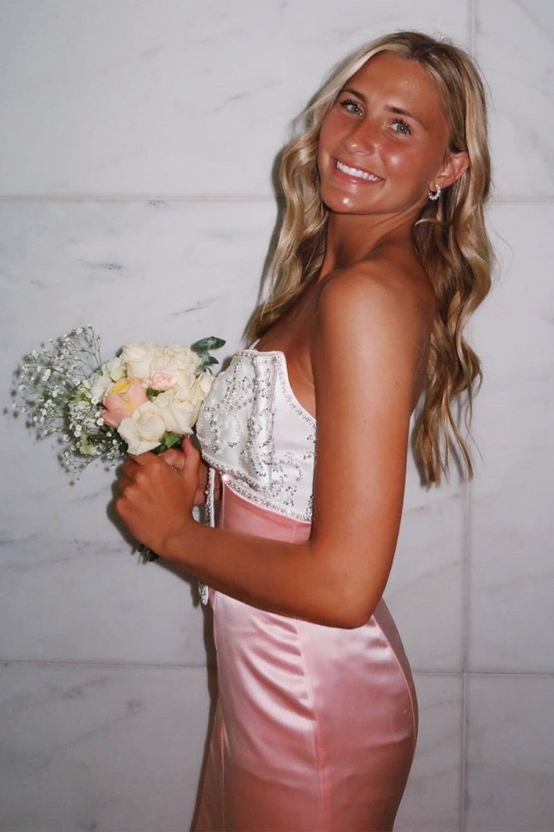 Pink - Mermaid Satin Strapless Long Prom Dresses with Beaded Bow