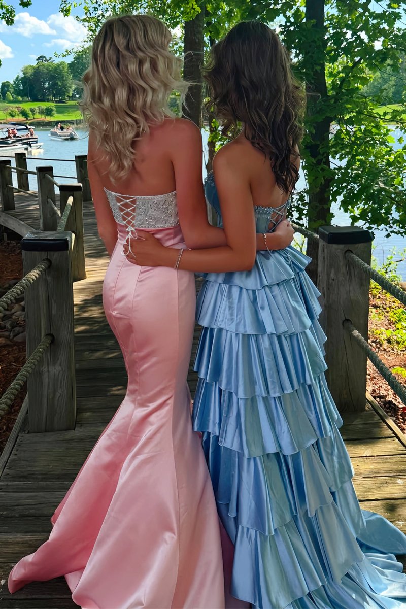 Pink - Mermaid Satin Strapless Long Prom Dresses with Beaded Bow