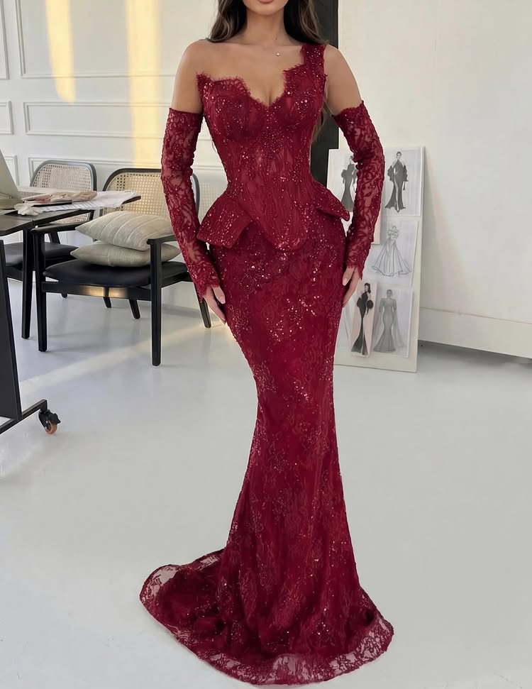 Sexy One Shoulder Detachable Long Sleeve Mermaid Prom Dress Sparkle Beaded