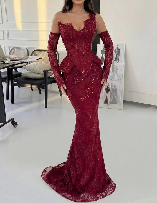 Sexy One Shoulder Detachable Long Sleeve Mermaid Prom Dress Sparkle Beaded