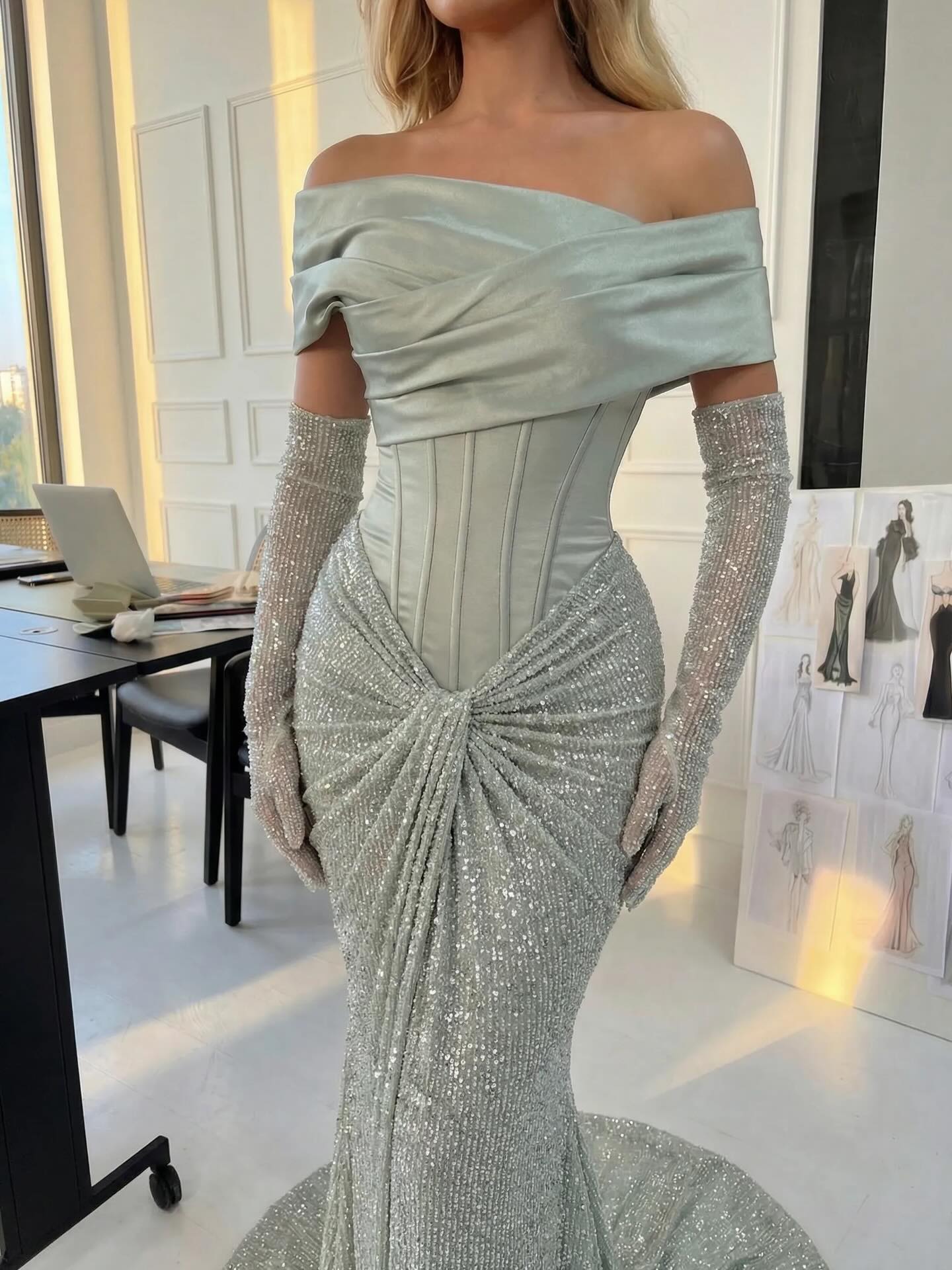 Elegant Green Off the Shoulder Sequins Sparkle Mermaid Floor-Length Evening Dress