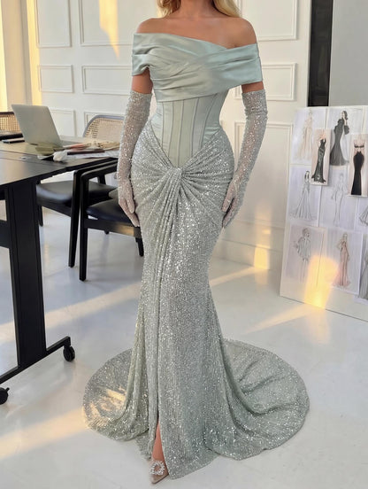 Elegant Green Off the Shoulder Sequins Sparkle Mermaid Floor-Length Evening Dress