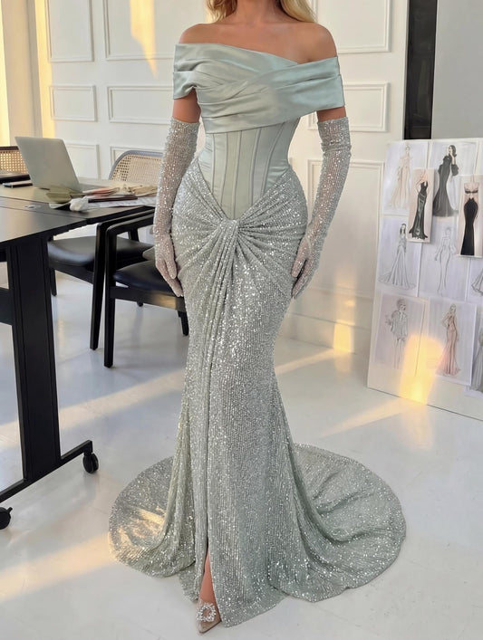 Elegant Green Off the Shoulder Sequins Sparkle Mermaid Floor-Length Evening Dress