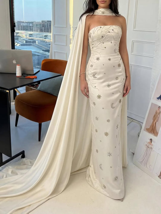 Luxury Shawl Beaded Sleeveless Mermaid Floor-Length Evening Dress