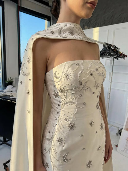 Luxury Shawl Beaded Sleeveless Mermaid Floor-Length Evening Dress