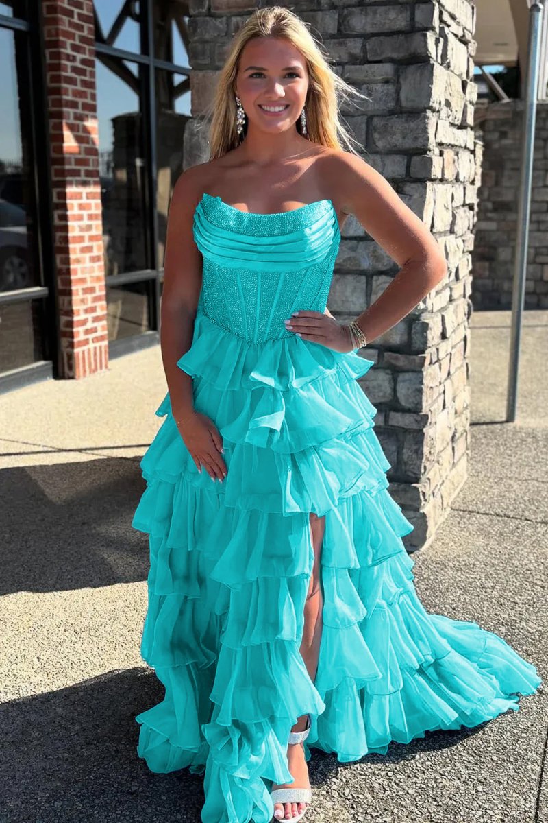 Aqua - A Line Strapless Chiffon Beaded Corset Long Prom Dress With Sli ...