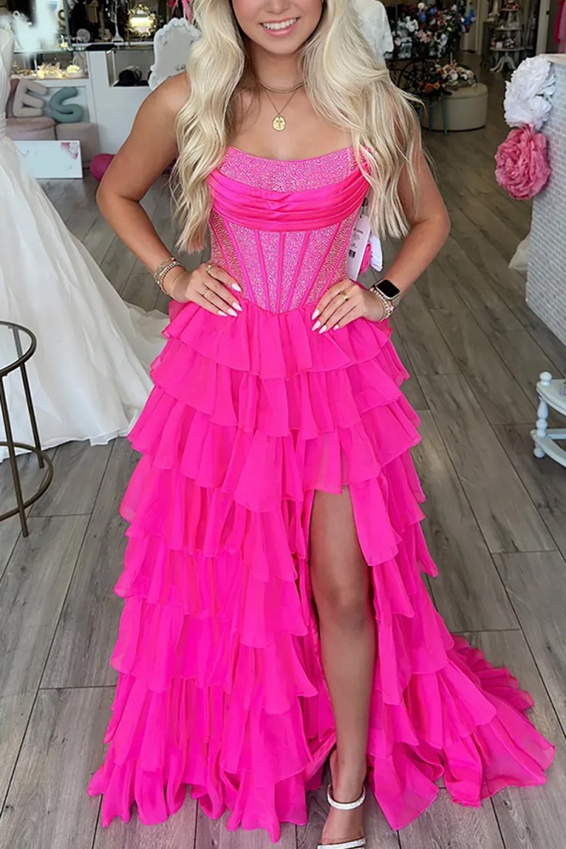Fuchsia - A Line Strapless Chiffon Beaded Corset Long Prom Dress With Slit