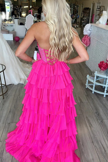 Fuchsia - A Line Strapless Chiffon Beaded Corset Long Prom Dress With Slit