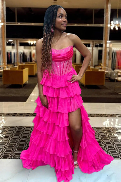 Fuchsia - A Line Strapless Chiffon Beaded Corset Long Prom Dress With Slit