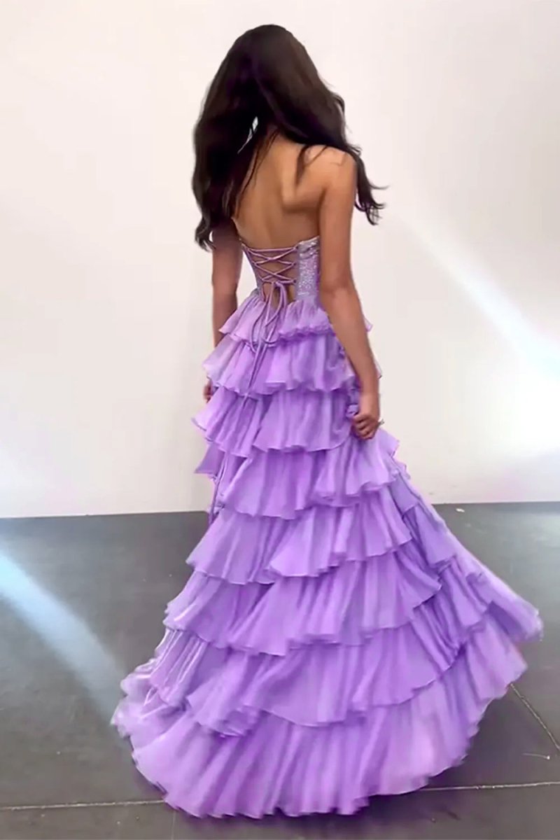Lilac - A Line Strapless Chiffon Beaded Corset Long Prom Dress With Slit