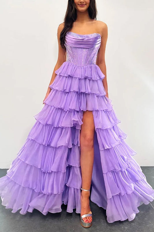 Lilac - A Line Strapless Chiffon Beaded Corset Long Prom Dress With Slit