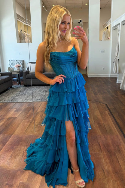 Peacock - A Line Strapless Chiffon Beaded Corset Long Prom Dress With Slit