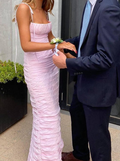 Mermaid Spaghetti Straps Floor Length Sleeveless Pink Prom Dress