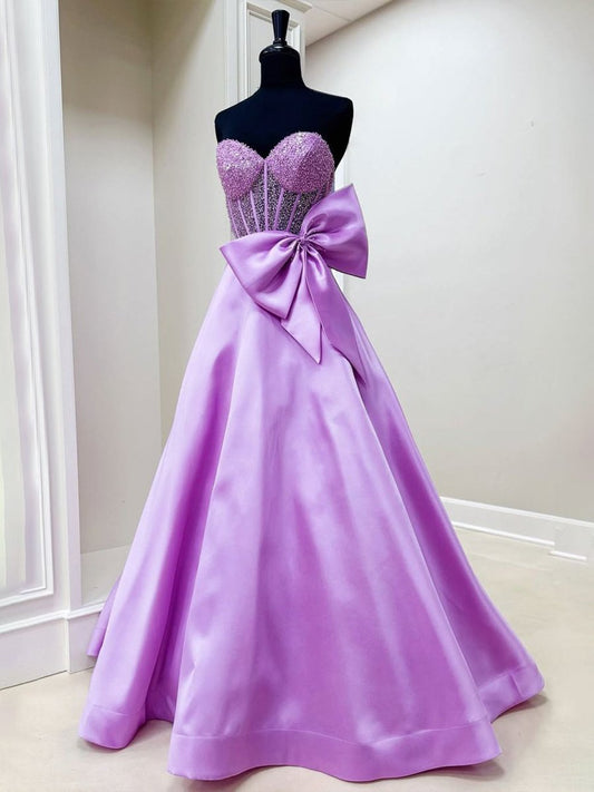 A-Line Sweetheart Lilac Beaded  Long Prom Dresses With Bow