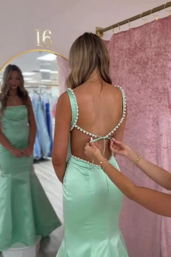 Hot Pink Pearl Trim Satin Mermaid Prom Dress with Square Neckline Sweep Train