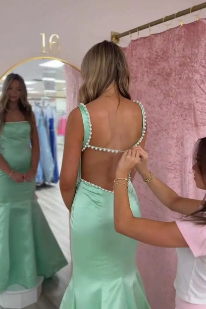 Hot Pink Pearl Trim Satin Mermaid Prom Dress with Square Neckline Sweep Train