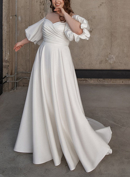 Illusion Neck Chic A-line Satin Wedding Dress Half Sleeves Sweep Train