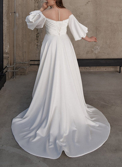 Illusion Neck Chic A-line Satin Wedding Dress Half Sleeves Sweep Train