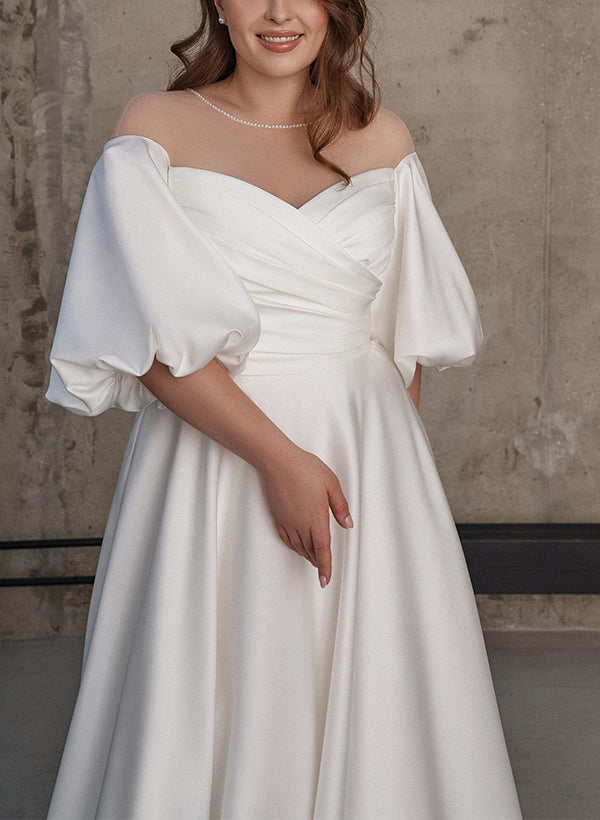 Illusion Neck Chic A-line Satin Wedding Dress Half Sleeves Sweep Train