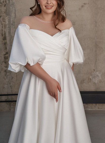 Illusion Neck Chic A-line Satin Wedding Dress Half Sleeves Sweep Train