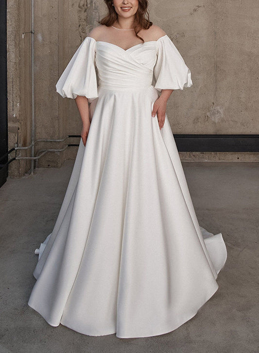 Illusion Neck Chic A-line Satin Wedding Dress Half Sleeves Sweep Train