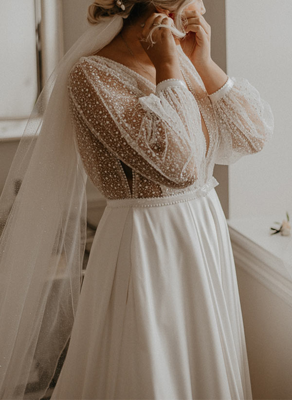 Illusion Neck Plus Size Chic A-line Lace Sweep Train Long Sleeves Wedding Dresses