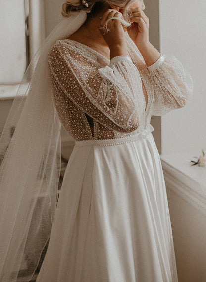 Illusion Neck Plus Size Chic A-line Lace Sweep Train Long Sleeves Wedding Dresses