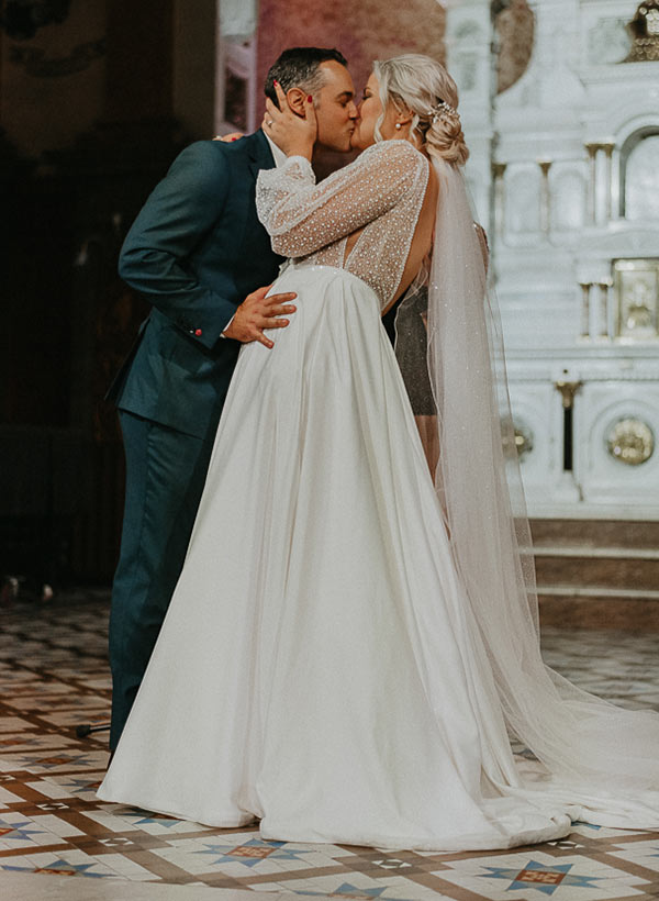 Illusion Neck Plus Size Chic A-line Lace Sweep Train Long Sleeves Wedding Dresses