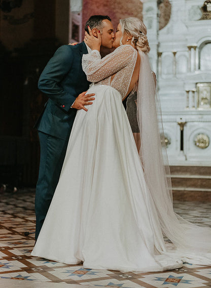 Illusion Neck Plus Size Chic A-line Lace Sweep Train Long Sleeves Wedding Dresses