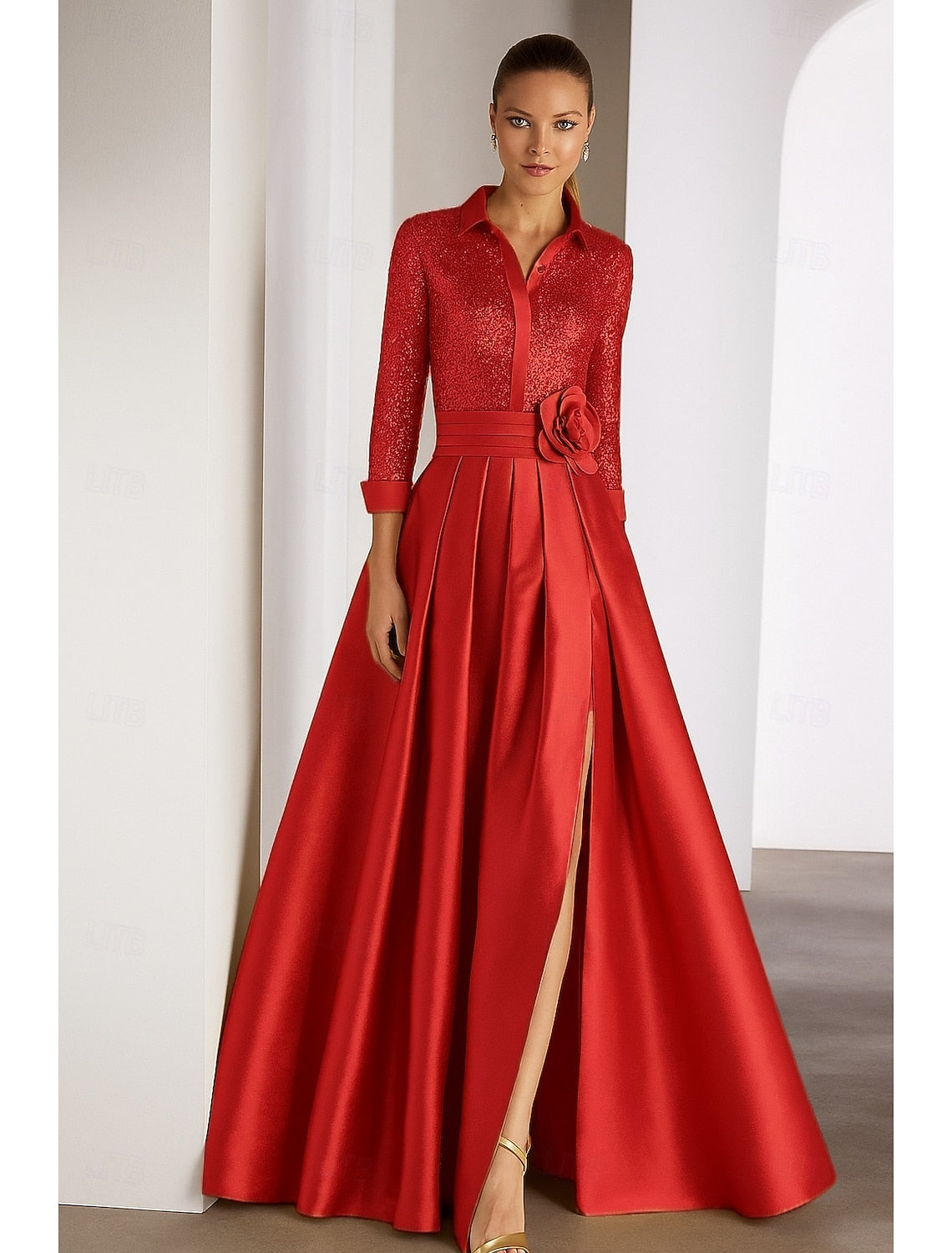 Sequins Sparkle Long Sleeve A-Line Side Slit Evening Dress