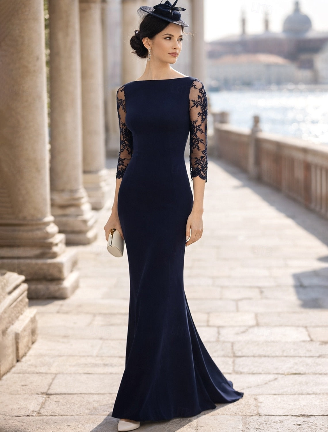 Lace 3/4 Sleeve Backless Mermaid Evening Dress Mother of the Bride Dresses